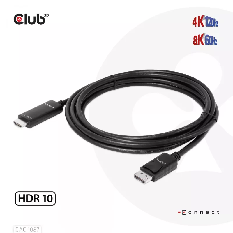 CLUB3D DisplayPort 1.4 į HDMI 4K120Hz arba 8K60Hz HDR10 laidas M/M 3m/9.84ft