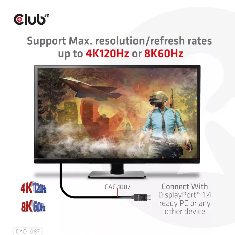 CLUB3D DisplayPort 1.4 į HDMI 4K120Hz arba 8K60Hz HDR10 laidas M/M 3m/9.84ft
