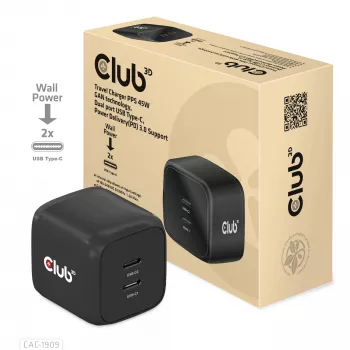 CLUB3D Kelioninis įkroviklis PPS 45W GAN technologija, Dual USB Type-C, Power Delivery(PD) 3.0