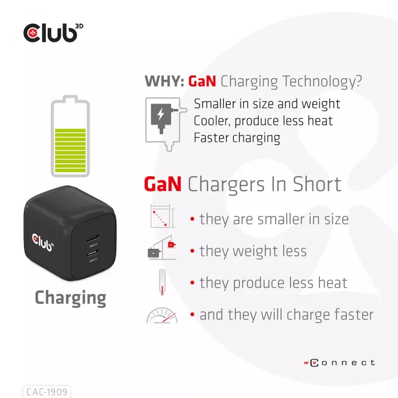 CLUB3D Kelioninis įkroviklis PPS 45W GAN technologija, Dual USB Type-C, Power Delivery(PD) 3.0