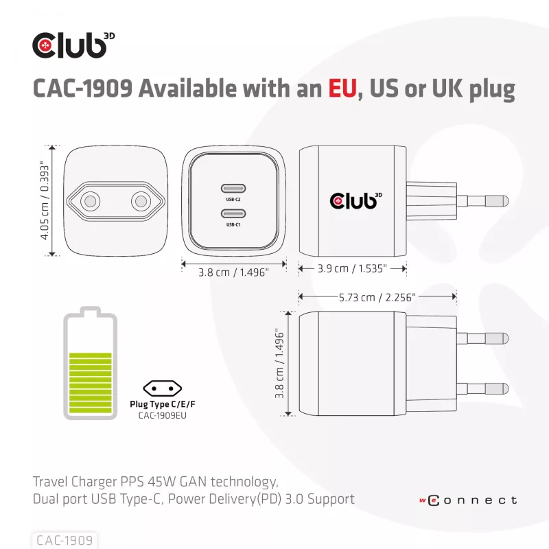 CLUB3D Kelioninis įkroviklis PPS 45W GAN technologija, Dual USB Type-C, Power Delivery(PD) 3.0