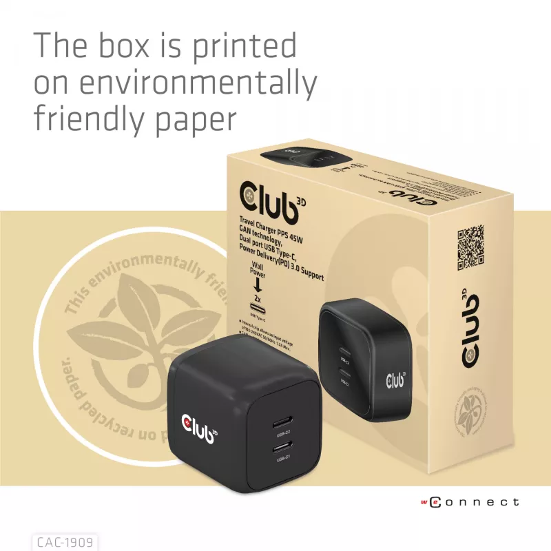 CLUB3D Kelioninis įkroviklis PPS 45W GAN technologija, Dual USB Type-C, Power Delivery(PD) 3.0