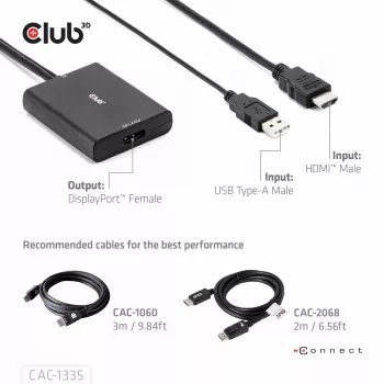 CLUB3D HDMI + Micro USB į DisplayPort™ 4K120Hz arba 8K30Hz M/F aktyvus adapteris