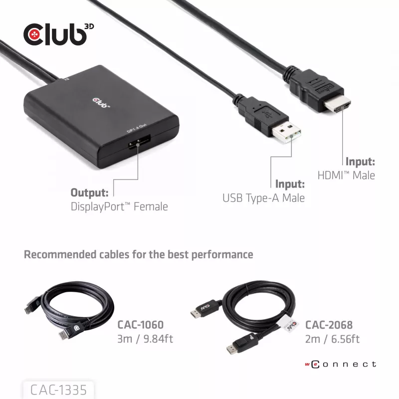 CLUB3D HDMI + Micro USB į DisplayPort™ 4K120Hz arba 8K30Hz M/F aktyvus adapteris