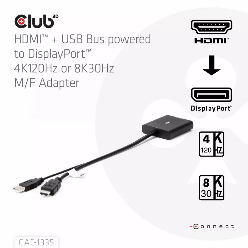 CLUB3D HDMI + Micro USB į DisplayPort™ 4K120Hz arba 8K30Hz M/F aktyvus adapteris