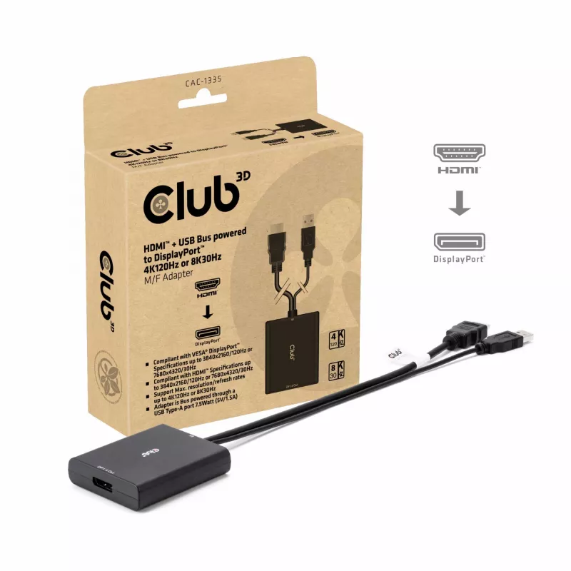 CLUB3D HDMI + Micro USB į DisplayPort™ 4K120Hz arba 8K30Hz M/F aktyvus adapteris