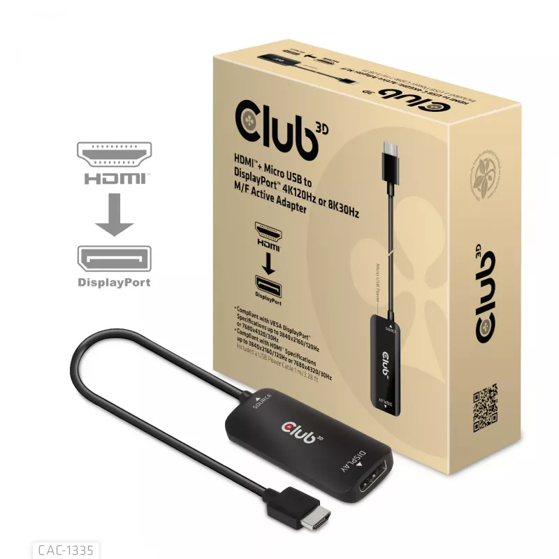CLUB3D HDMI + Micro USB į DisplayPort™ 4K120Hz arba 8K30Hz M/F aktyvus adapteris
