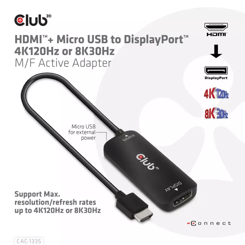 CLUB3D HDMI + Micro USB į DisplayPort™ 4K120Hz arba 8K30Hz M/F aktyvus adapteris