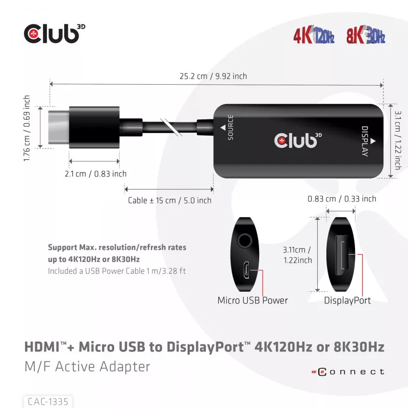 CLUB3D HDMI + Micro USB į DisplayPort™ 4K120Hz arba 8K30Hz M/F aktyvus adapteris