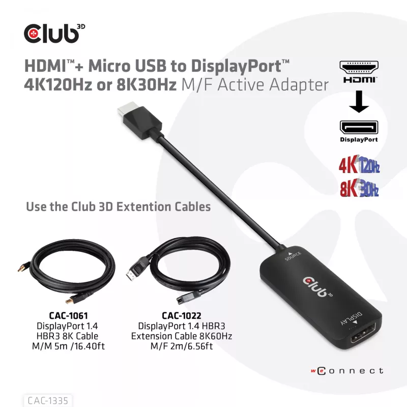 CLUB3D HDMI + Micro USB į DisplayPort™ 4K120Hz arba 8K30Hz M/F aktyvus adapteris