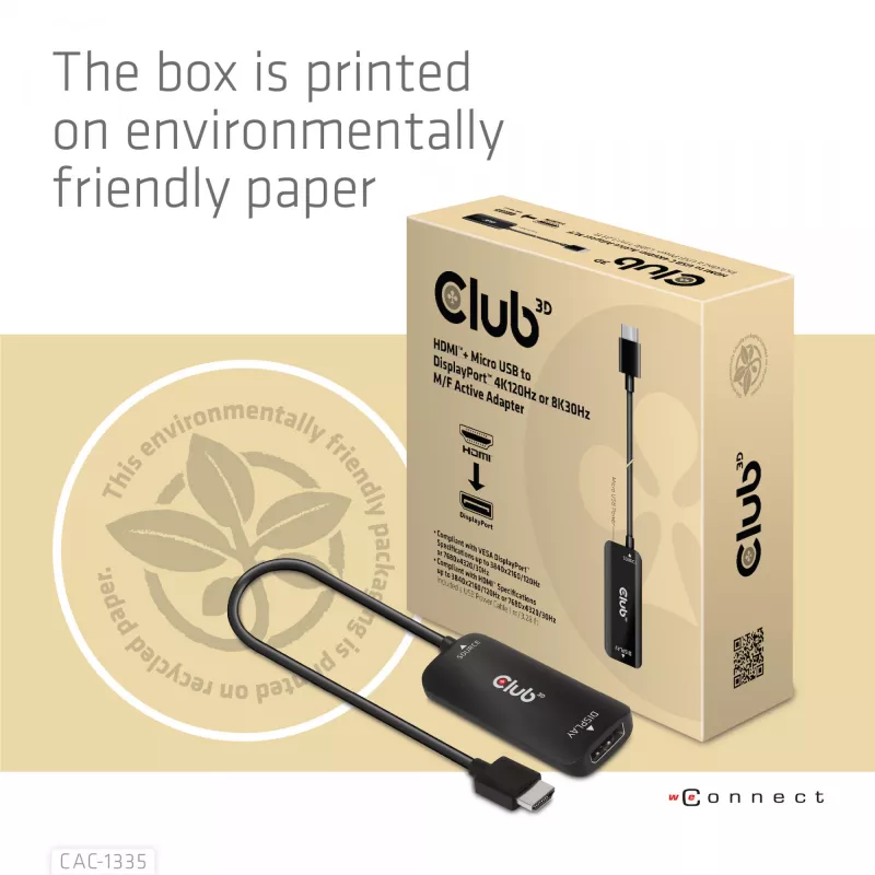 CLUB3D HDMI + Micro USB į DisplayPort™ 4K120Hz arba 8K30Hz M/F aktyvus adapteris