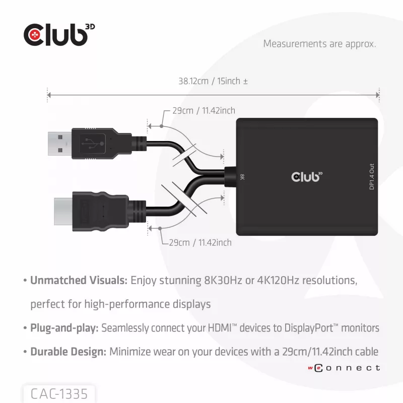 CLUB3D HDMI + Micro USB į DisplayPort™ 4K120Hz arba 8K30Hz M/F aktyvus adapteris