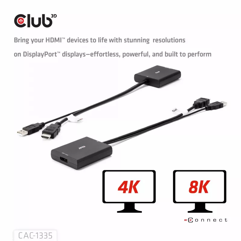 CLUB3D HDMI + Micro USB į DisplayPort™ 4K120Hz arba 8K30Hz M/F aktyvus adapteris
