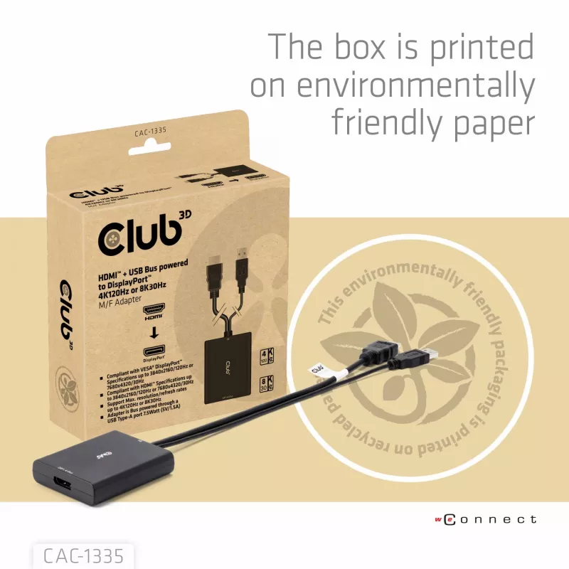 CLUB3D HDMI + Micro USB į DisplayPort™ 4K120Hz arba 8K30Hz M/F aktyvus adapteris