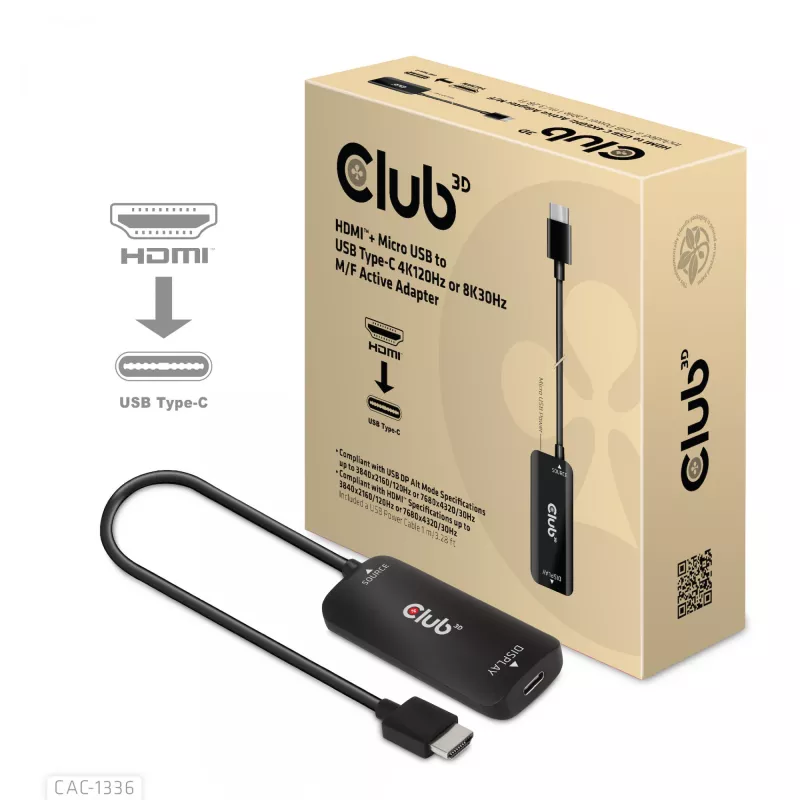 CLUB3D CAC-1336 aktyvus adapteris HDMI + Micro USB į USB Type-C 4K120Hz arba 8K30Hz M/F