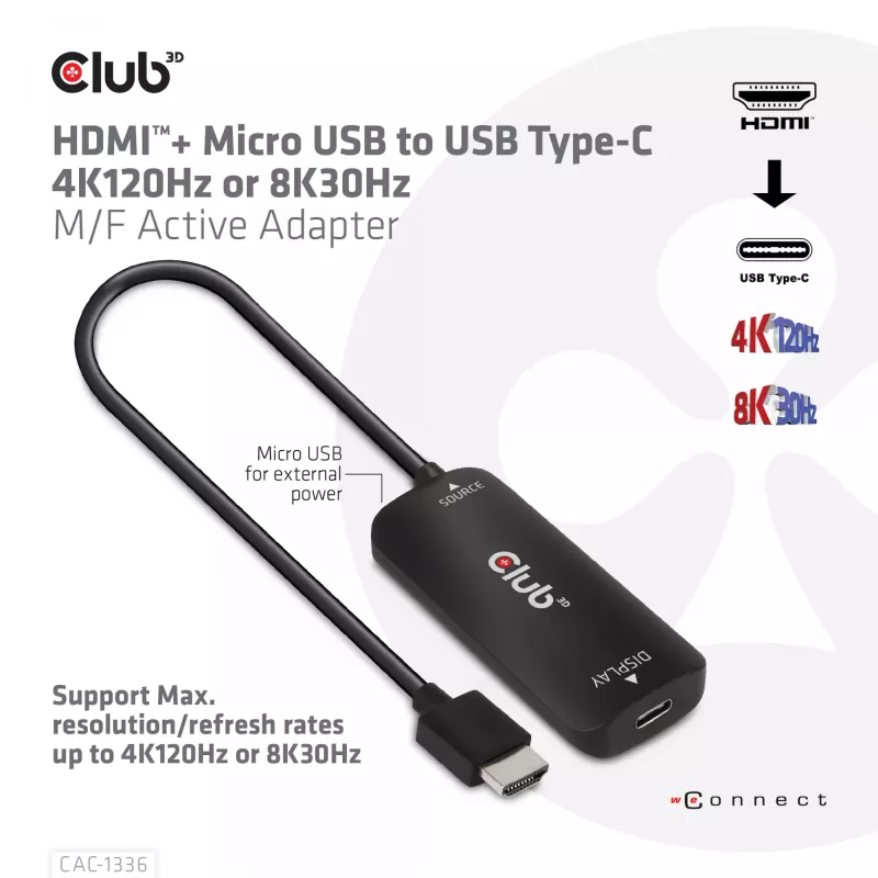 CLUB3D CAC-1336 aktyvus adapteris HDMI + Micro USB į USB Type-C 4K120Hz arba 8K30Hz M/F