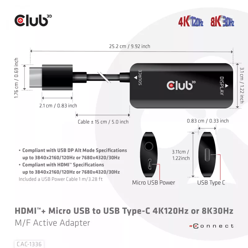 CLUB3D CAC-1336 aktyvus adapteris HDMI + Micro USB į USB Type-C 4K120Hz arba 8K30Hz M/F