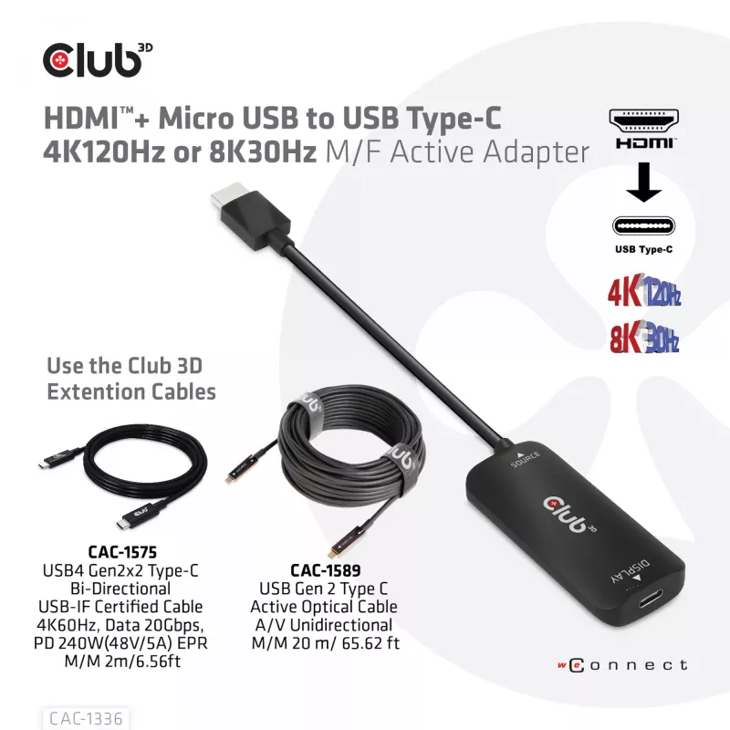 CLUB3D CAC-1336 aktyvus adapteris HDMI + Micro USB į USB Type-C 4K120Hz arba 8K30Hz M/F