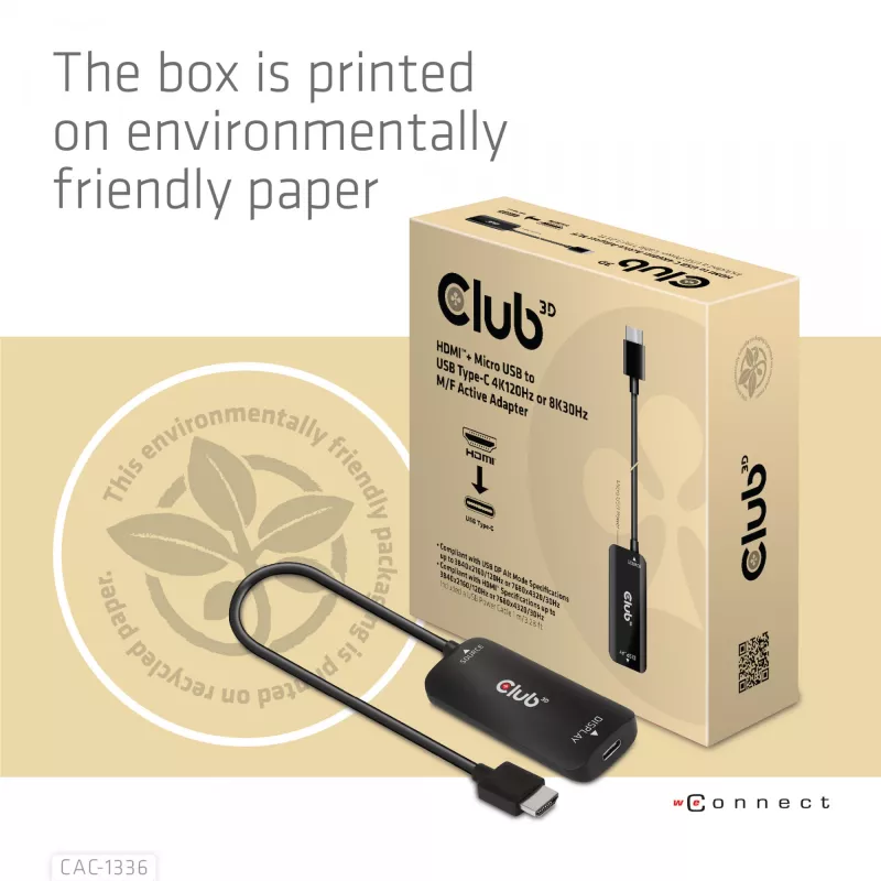 CLUB3D CAC-1336 aktyvus adapteris HDMI + Micro USB į USB Type-C 4K120Hz arba 8K30Hz M/F