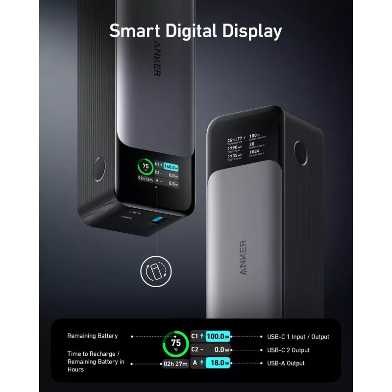 Nešiojamas įkroviklis Anker 737 (A1289011) — 24000 mAh, 140W, 2× USB-C + 1× USB-A, Sidabrinis/Juodas