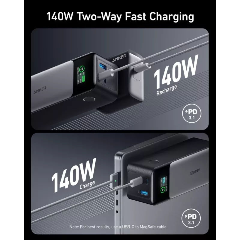 Nešiojamas įkroviklis Anker 737 (A1289011) — 24000 mAh, 140W, 2× USB-C + 1× USB-A, Sidabrinis/Juodas
