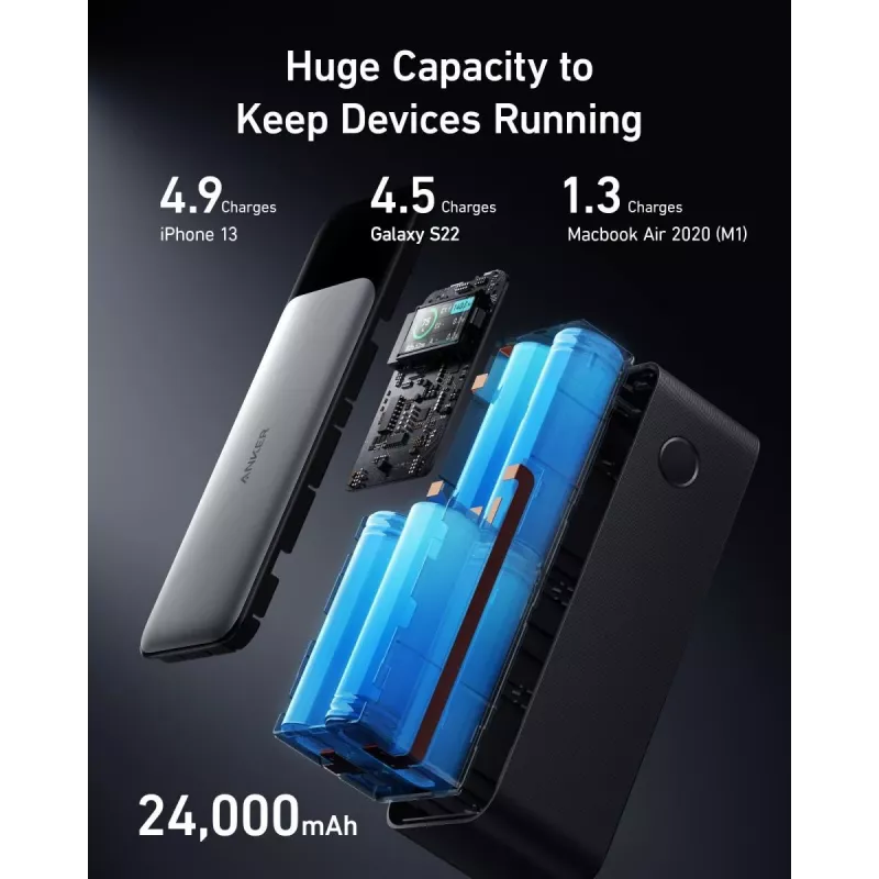Nešiojamas įkroviklis Anker 737 (A1289011) — 24000 mAh, 140W, 2× USB-C + 1× USB-A, Sidabrinis/Juodas