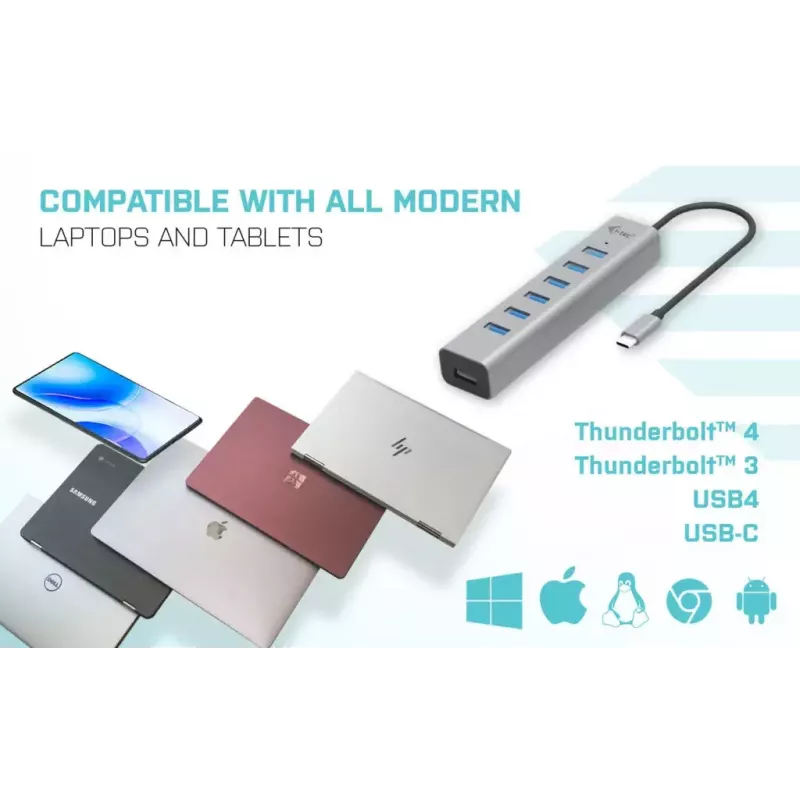 i-tec USB-C įkrovimo metalinis HUB 7 prievadų USB 3.2 Gen 1 Type-C Type-A