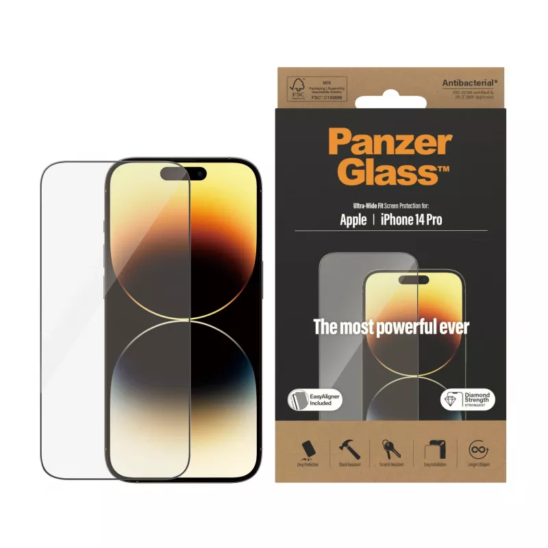 Apsauginis stiklas PanzerGlass Apple iPhone 14 Pro Ultra-Wide Fit EasyAligner Atsparus įbrėžimams ir smūgiams