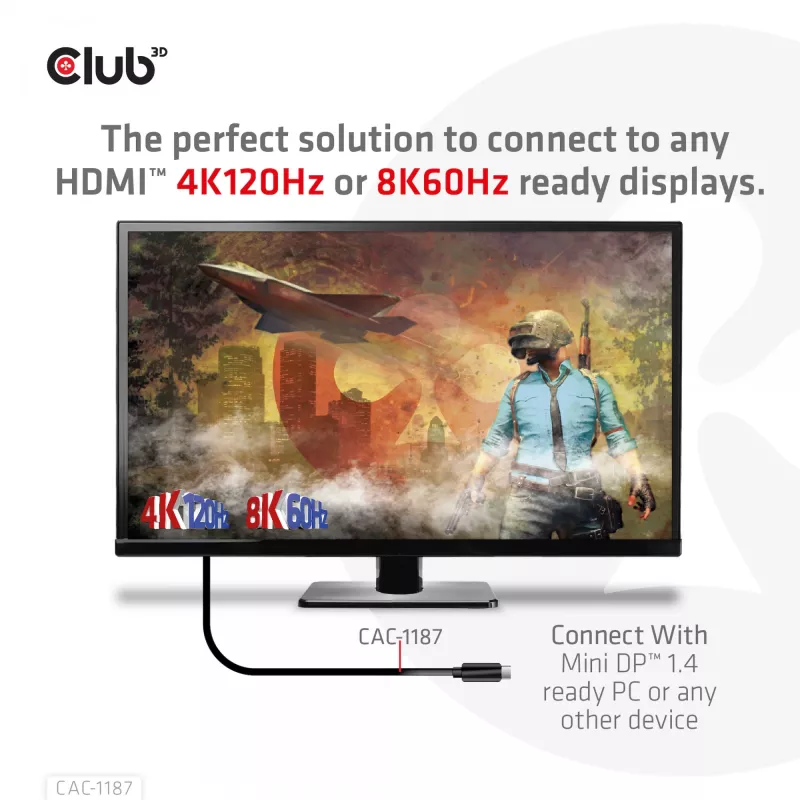 CLUB3D MiniDisplayPort 1.4 į HDMI 4K120Hz arba 8K60Hz HDR10+ laidas M/M 1,8 m