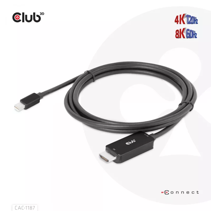 CLUB3D MiniDisplayPort 1.4 į HDMI 4K120Hz arba 8K60Hz HDR10+ laidas M/M 1,8 m