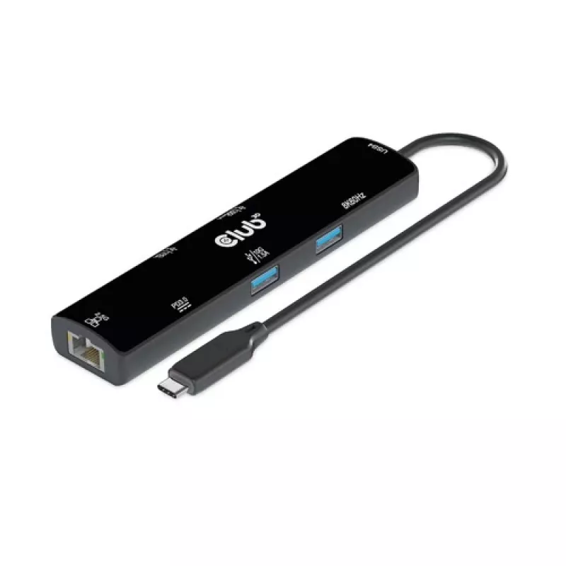 CLUB3D USB4™ Gen3x2 Type-C, 6-in-1 USB-C centras su HDMI™ 8K60Hz arba 4K120Hz, 2xUSB Type-A (10G), Ethernet RJ45 (2.5G) ir 2xUSB Type-C (1x duomenys 10G, 1x PD3.0 įkrovimas 100W)