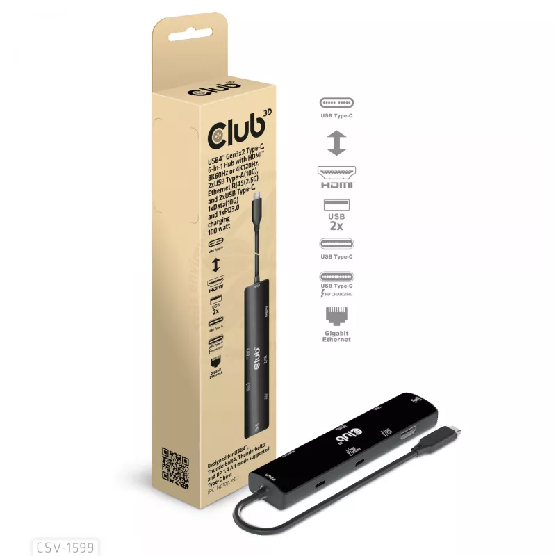 CLUB3D USB4™ Gen3x2 Type-C, 6-in-1 USB-C centras su HDMI™ 8K60Hz arba 4K120Hz, 2xUSB Type-A (10G), Ethernet RJ45 (2.5G) ir 2xUSB Type-C (1x duomenys 10G, 1x PD3.0 įkrovimas 100W)