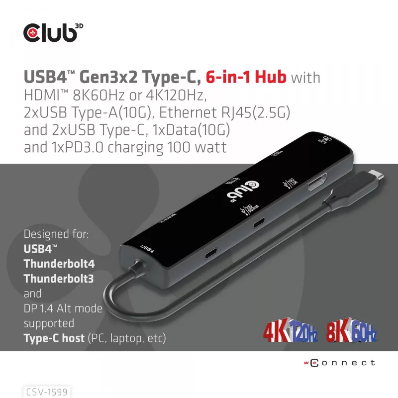 CLUB3D USB4™ Gen3x2 Type-C, 6-in-1 USB-C centras su HDMI™ 8K60Hz arba 4K120Hz, 2xUSB Type-A (10G), Ethernet RJ45 (2.5G) ir 2xUSB Type-C (1x duomenys 10G, 1x PD3.0 įkrovimas 100W)