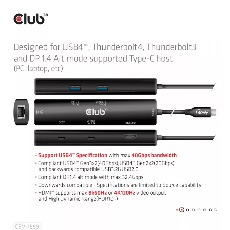 CLUB3D USB4™ Gen3x2 Type-C, 6-in-1 USB-C centras su HDMI™ 8K60Hz arba 4K120Hz, 2xUSB Type-A (10G), Ethernet RJ45 (2.5G) ir 2xUSB Type-C (1x duomenys 10G, 1x PD3.0 įkrovimas 100W)