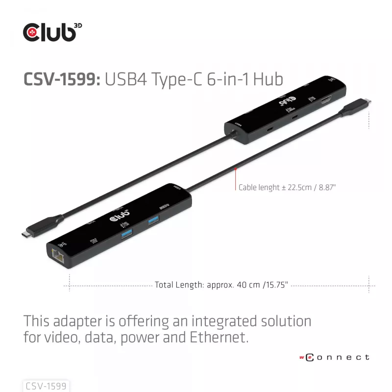 CLUB3D USB4™ Gen3x2 Type-C, 6-in-1 USB-C centras su HDMI™ 8K60Hz arba 4K120Hz, 2xUSB Type-A (10G), Ethernet RJ45 (2.5G) ir 2xUSB Type-C (1x duomenys 10G, 1x PD3.0 įkrovimas 100W)