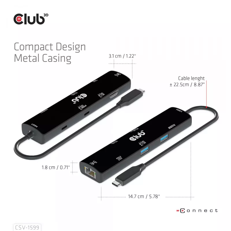 CLUB3D USB4™ Gen3x2 Type-C, 6-in-1 USB-C centras su HDMI™ 8K60Hz arba 4K120Hz, 2xUSB Type-A (10G), Ethernet RJ45 (2.5G) ir 2xUSB Type-C (1x duomenys 10G, 1x PD3.0 įkrovimas 100W)