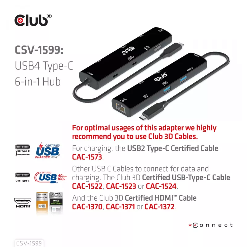 CLUB3D USB4™ Gen3x2 Type-C, 6-in-1 USB-C centras su HDMI™ 8K60Hz arba 4K120Hz, 2xUSB Type-A (10G), Ethernet RJ45 (2.5G) ir 2xUSB Type-C (1x duomenys 10G, 1x PD3.0 įkrovimas 100W)