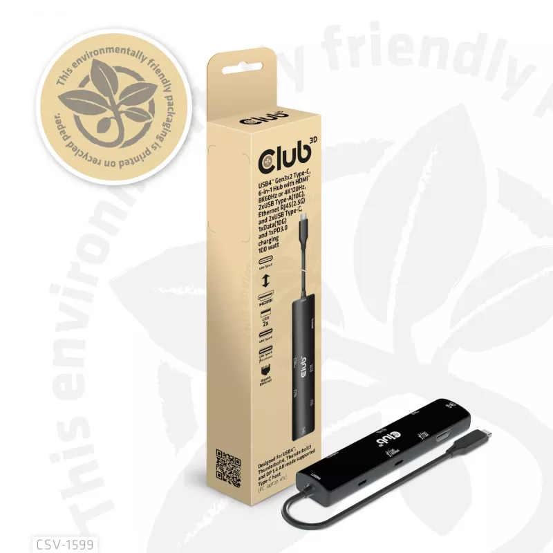 CLUB3D USB4™ Gen3x2 Type-C, 6-in-1 USB-C centras su HDMI™ 8K60Hz arba 4K120Hz, 2xUSB Type-A (10G), Ethernet RJ45 (2.5G) ir 2xUSB Type-C (1x duomenys 10G, 1x PD3.0 įkrovimas 100W)