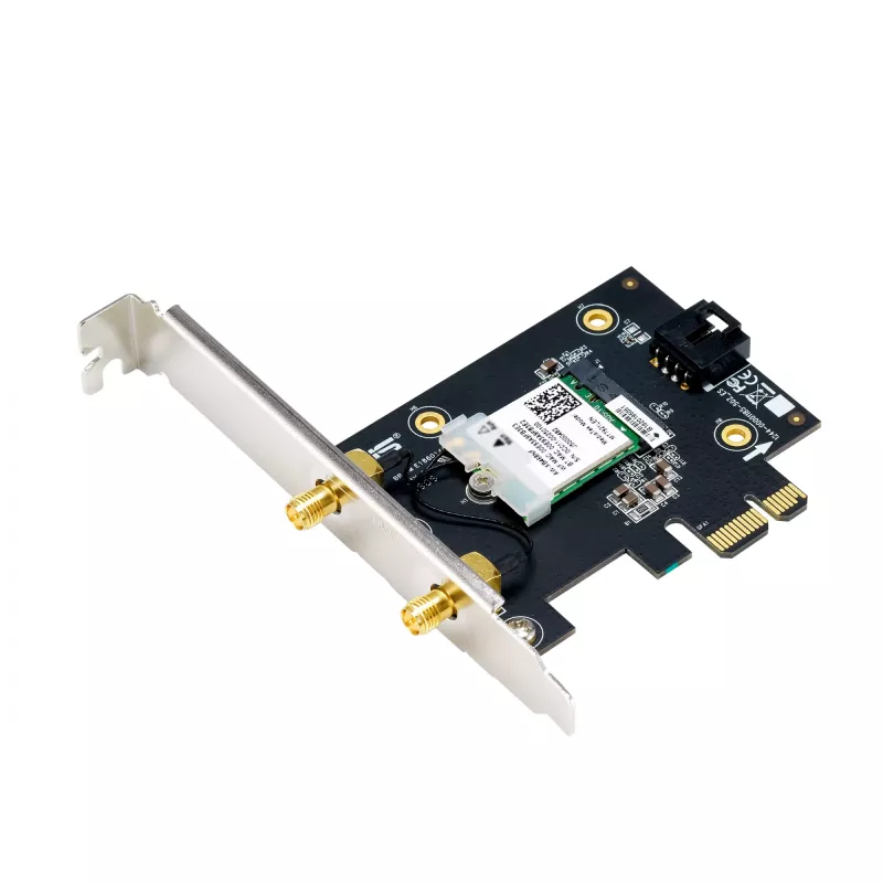 Vidinė belaidžio tinklo plokštė ASUS PCE-AXE5400 – PCIe, Wi‑Fi 6E trijuosta (2,4/5/6 GHz), 2402 Mbps, Bluetooth 5.2