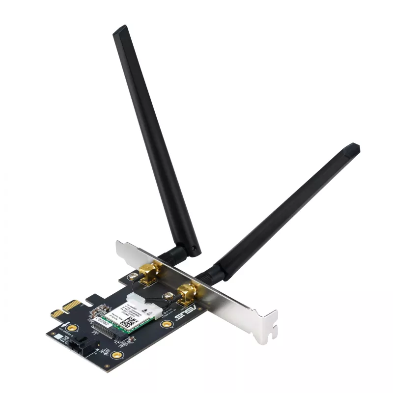 Vidinė belaidžio tinklo plokštė ASUS PCE-AXE5400 – PCIe, Wi‑Fi 6E trijuosta (2,4/5/6 GHz), 2402 Mbps, Bluetooth 5.2