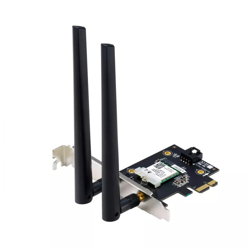 Vidinė belaidžio tinklo plokštė ASUS PCE-AXE5400 – PCIe, Wi‑Fi 6E trijuosta (2,4/5/6 GHz), 2402 Mbps, Bluetooth 5.2
