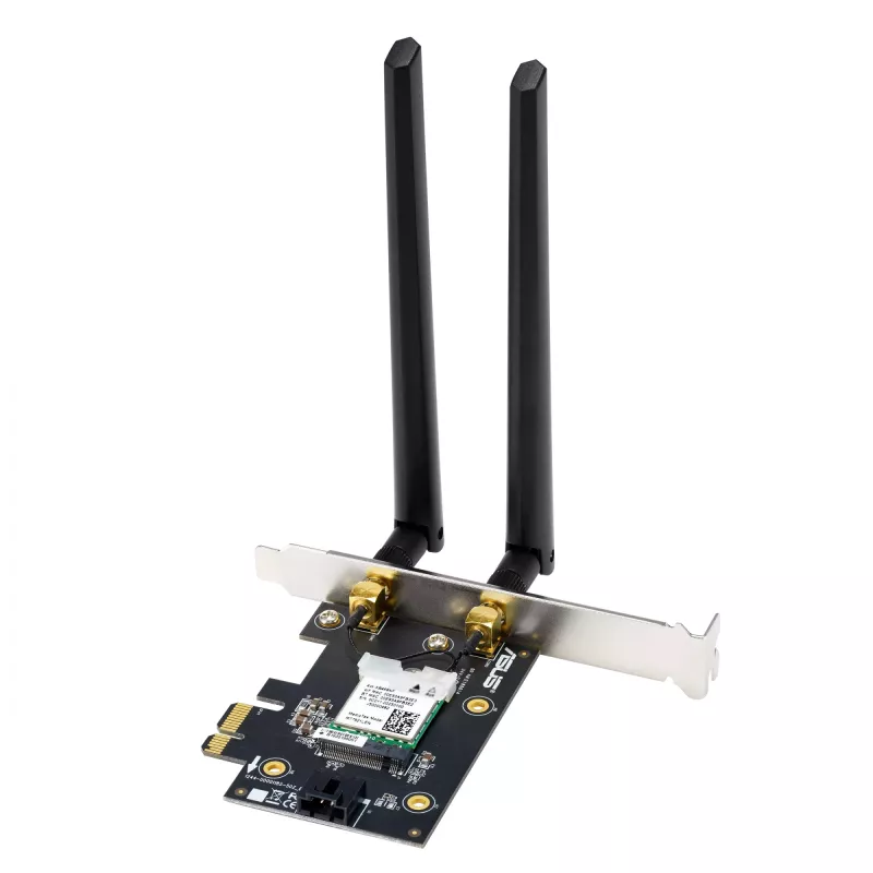 Vidinė belaidžio tinklo plokštė ASUS PCE-AXE5400 – PCIe, Wi‑Fi 6E trijuosta (2,4/5/6 GHz), 2402 Mbps, Bluetooth 5.2