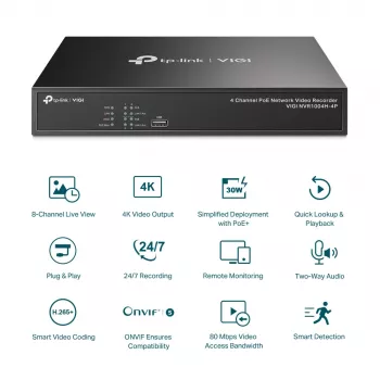 TP-Link VIGI NVR1004H-4P – 4 kanalų PoE+ tinklo vaizdo registratorius