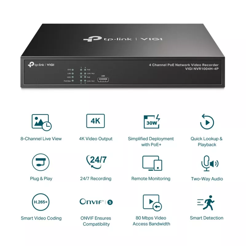 TP-Link VIGI NVR1004H-4P – 4 kanalų PoE+ tinklo vaizdo registratorius