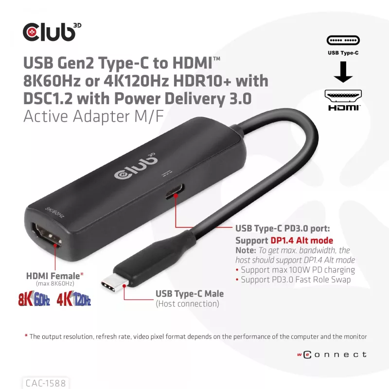 CLUB3D CAC-1588 USB Gen2 Type-C į HDMI™ 8K60Hz arba 4K120Hz HDR10+ su DSC1.2 ir Power Delivery 3.0 aktyvus adapteris M/F