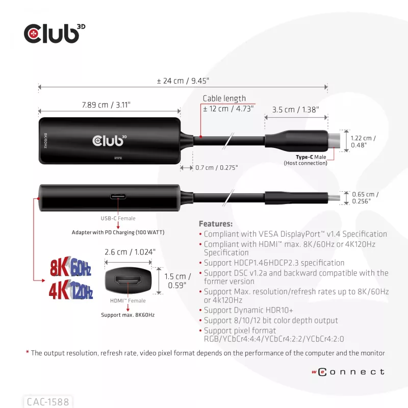 CLUB3D CAC-1588 USB Gen2 Type-C į HDMI™ 8K60Hz arba 4K120Hz HDR10+ su DSC1.2 ir Power Delivery 3.0 aktyvus adapteris M/F