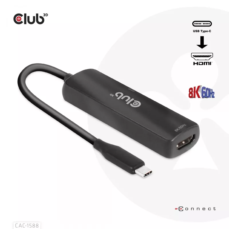 CLUB3D CAC-1588 USB Gen2 Type-C į HDMI™ 8K60Hz arba 4K120Hz HDR10+ su DSC1.2 ir Power Delivery 3.0 aktyvus adapteris M/F