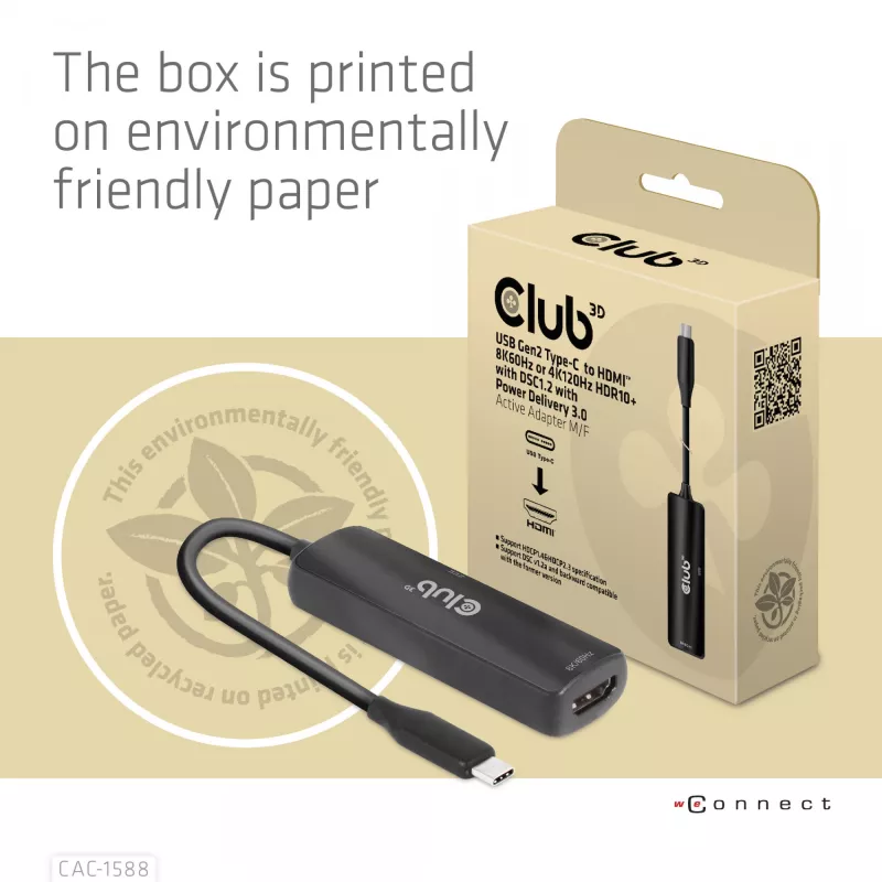 CLUB3D CAC-1588 USB Gen2 Type-C į HDMI™ 8K60Hz arba 4K120Hz HDR10+ su DSC1.2 ir Power Delivery 3.0 aktyvus adapteris M/F
