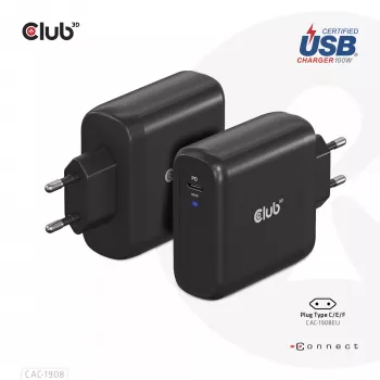 CLUB3D CAC-1908EU kelioninis 100 W USB-C PD 3.0 įkroviklis su GaN technologija