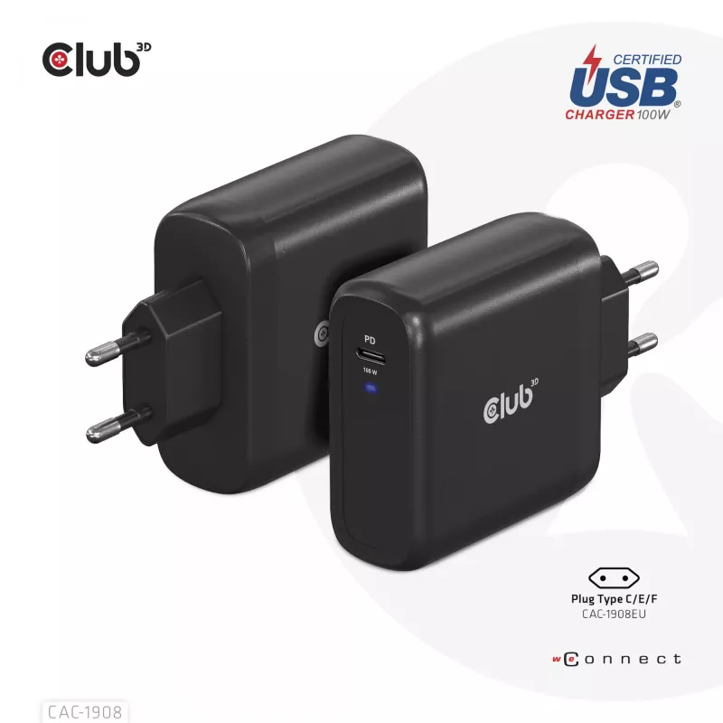 CLUB3D CAC-1908EU kelioninis 100 W USB-C PD 3.0 įkroviklis su GaN technologija